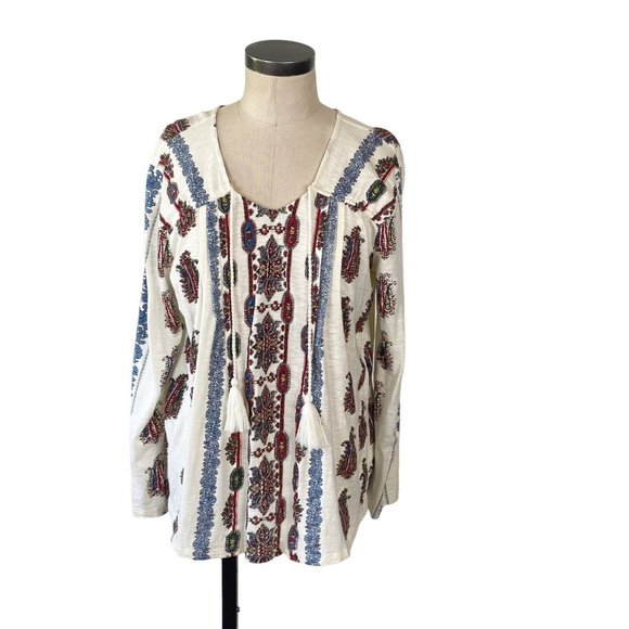 Sundance Catalog Namara Tee Long Sleeve Top Large Ivory Print Tassel Boho - Picture 1 of 11